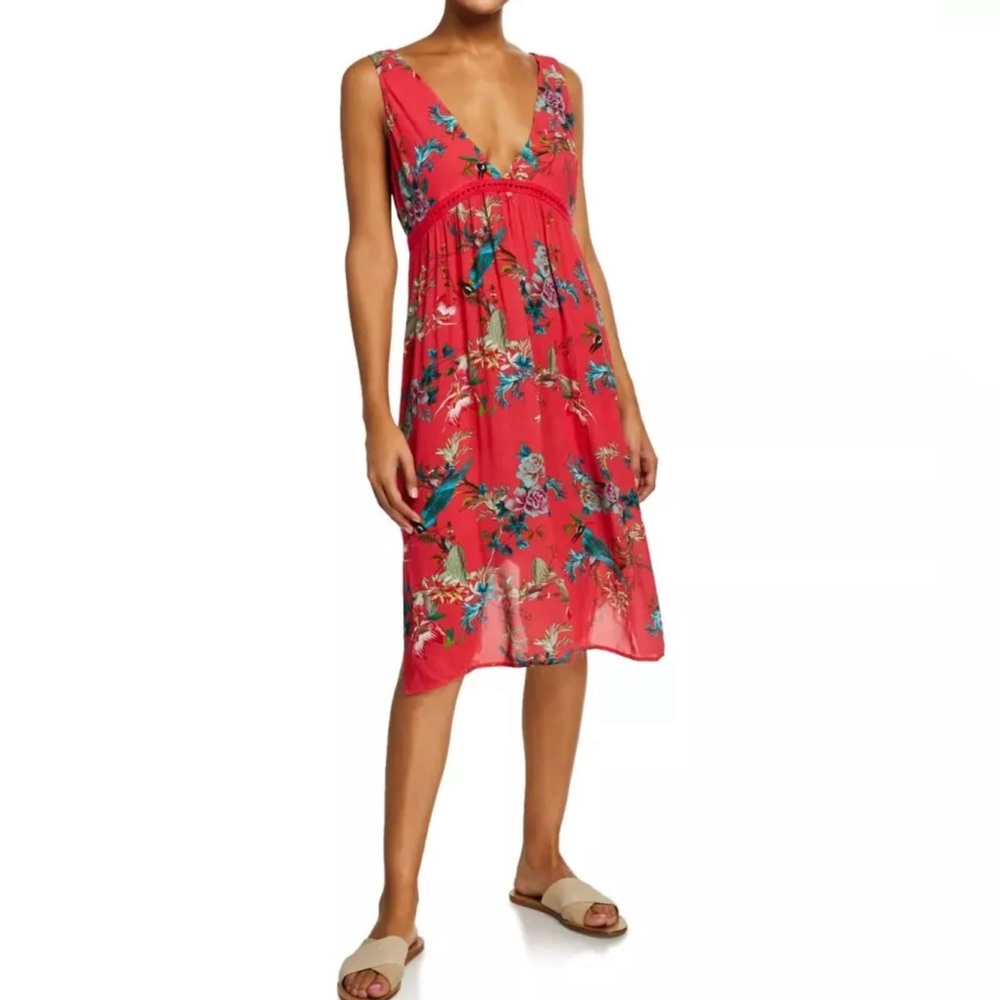 Johnny Was Coral-Red Floral V-Neck Midi Dress